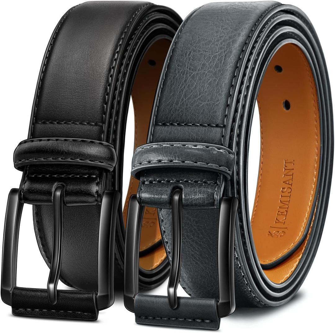 KEMISANT Men Belt 2Pack  Genuine Leather Belt for Men Dress Casual Golf Jeans 1 3/8" (44"-46"Waist Adjustable)