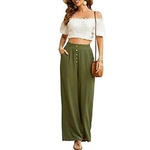 SVALIY Women Flowy Pants Cotton Linen Wide Leg Palazzo Pants Long Lounge Slacks High Waist Button Trousers Pocket Green Army XL