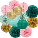 Sage-Green Pink-Gold Baby-Shower Party Decorations - 14pcs Teal Wedding Paper Lanterns Fan,Tissue Pom Poms Streamers,Honeycomb Balls,Birthday Bachelorette Engagement Bridal Decor Lasting Surprise