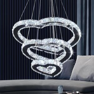 Modern Heart Crystal 3 Rings Chandelier LED Pendant Lighting Stainless Steel Hanging Ceiling Light for Living Room Dining Room Bedroom (Heart, Cool White)