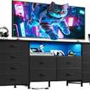 WLIVE 12 Drawer Dresser for Bedroom, Black Dresser TV Stand for 65, 70, 75 inch TV with Led Light & Charging Station, Wide Chest of Drawers with Open Shelves, Fabric Dressers for Closet, Living Room