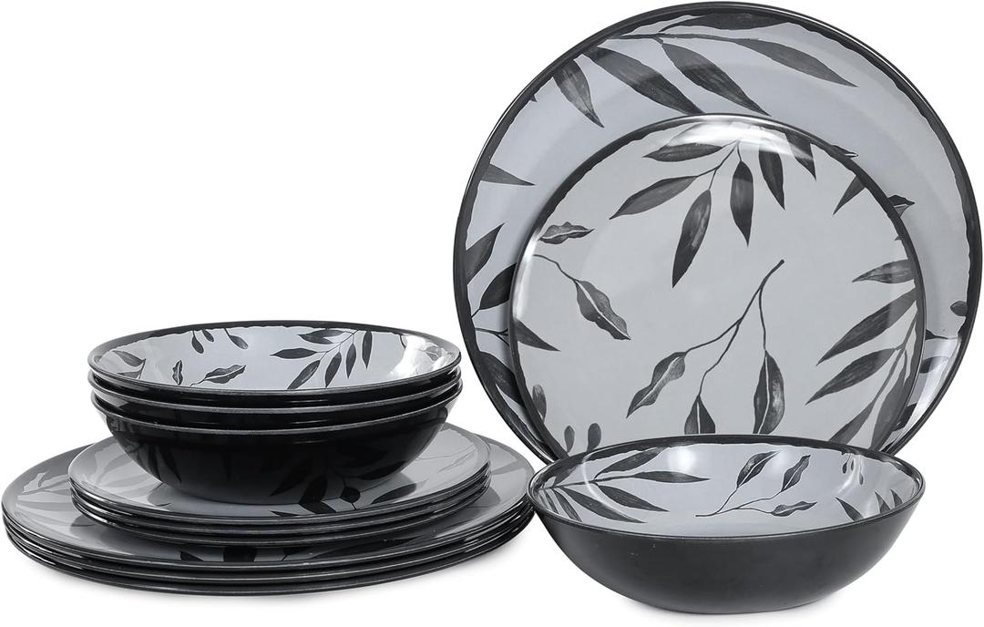 12pcs Melamine Dinnerware Set - Service for 4 Melamine Plates and Bowls Set, Unbreakable Dinner Salad Dessert Plate, Cereal Bowl Set for Indoor/Outdoor, Gray Leaf (Grey Leaves)