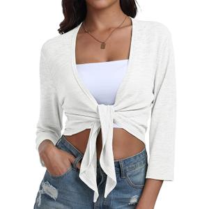 PrinStory Women's Tie Front Shrug 3/4 Sleeve Bolero Cardigan Lightweight Summer Casual Short Shawl Top S-4XL (XX-Large, 02 Bleach White)