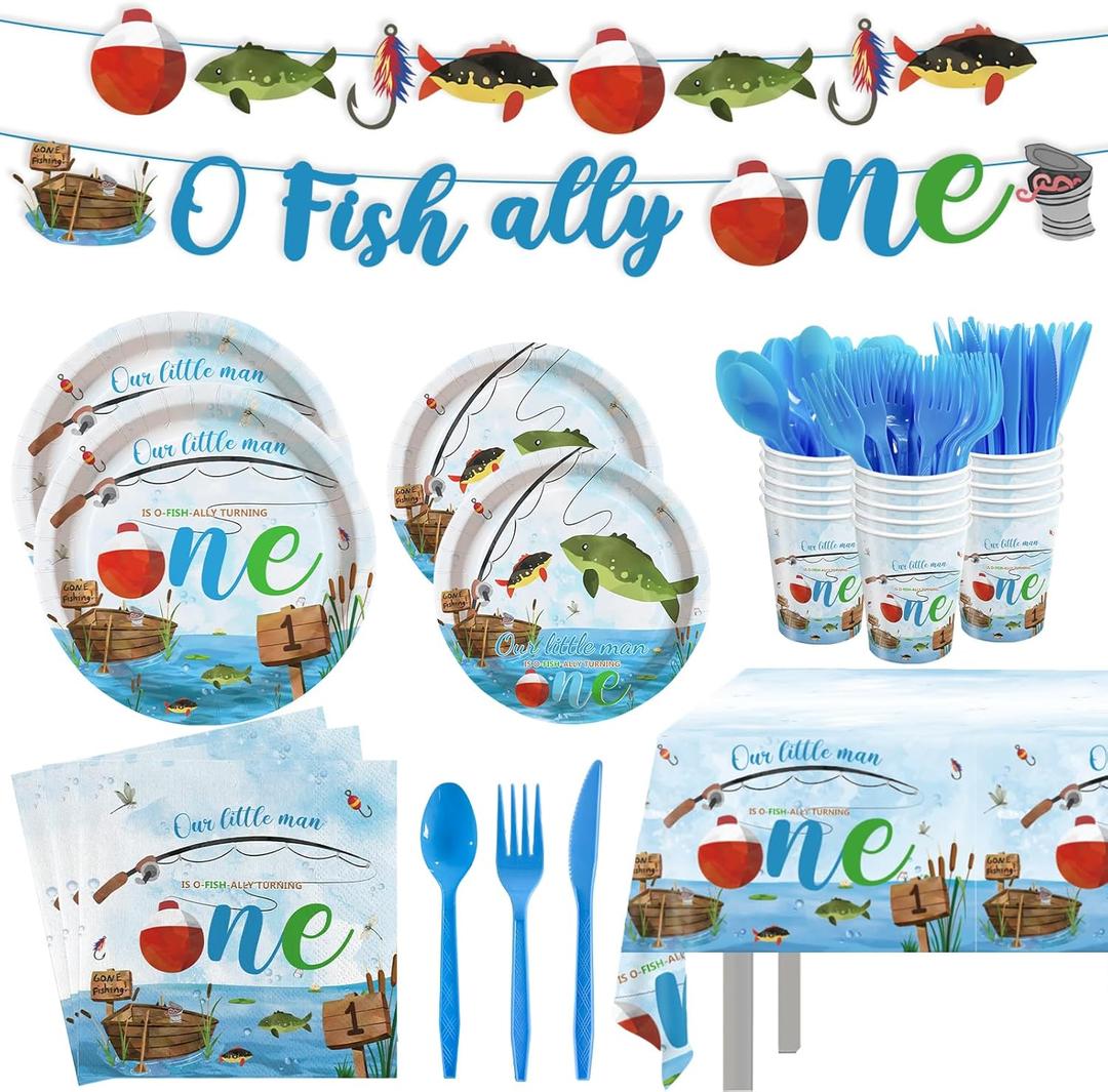 170pcs Ofishally One Party Plates Napkins Gone Fishing 1st Birthday Party Supplies Disposable Tablecloths Cups Banner for 24 Guests
