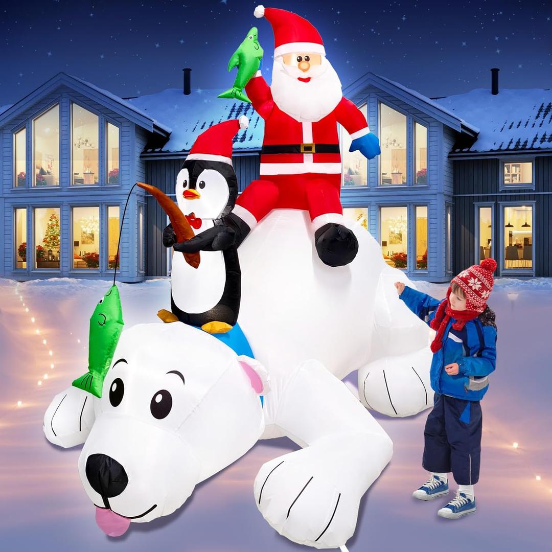 6FT Christmas Inflatable Santa & Penguin Riding Polar Bear Fishing Decoration, Christmas Blow Up Penguin and Bear Inflatable Built-in LED Lights for Christmas Inflatables Outdoor Xmas Decor