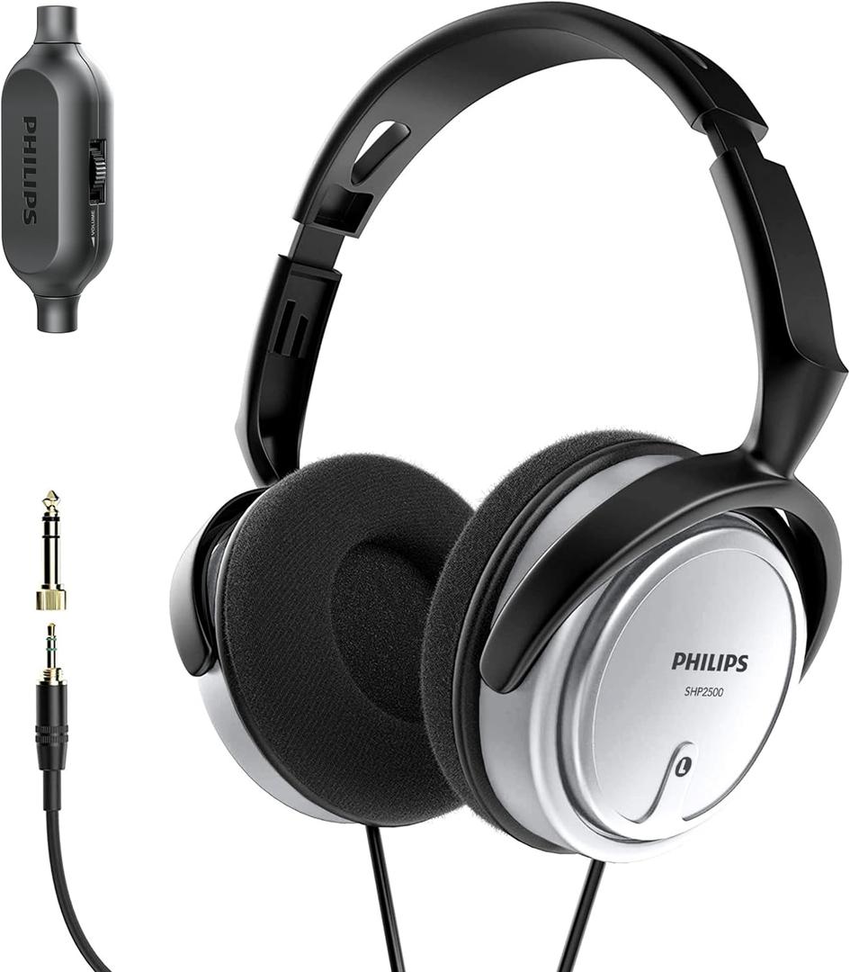 PHILIPS Over Ear Wired Stereo Headphones for Podcasts, Studio Monitoring and Recording Headset for Computer, Keyboard and Guitar with 6.3 mm (1/4") Add On Adapter- Silver