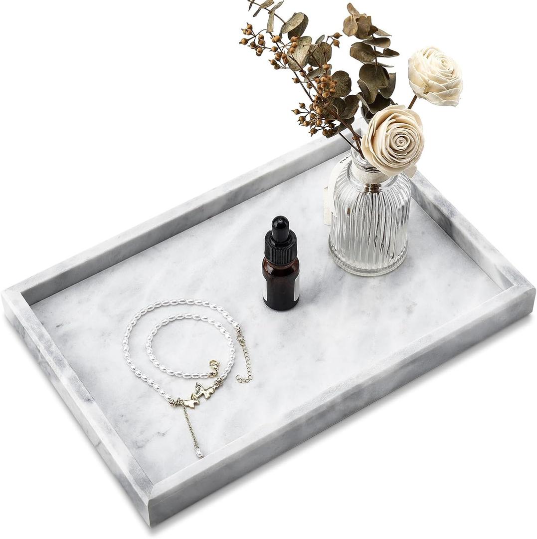 Zilukar Real Natural Marble Tray for Bathroom, Vanity, Kitchen and Desktop, Rectangle Genuine Marble Stone Tray for Jewelry, Cosmetics, Candles, Lotion, Perfume and Home Decor (12" x 8" x 1.2", White)
