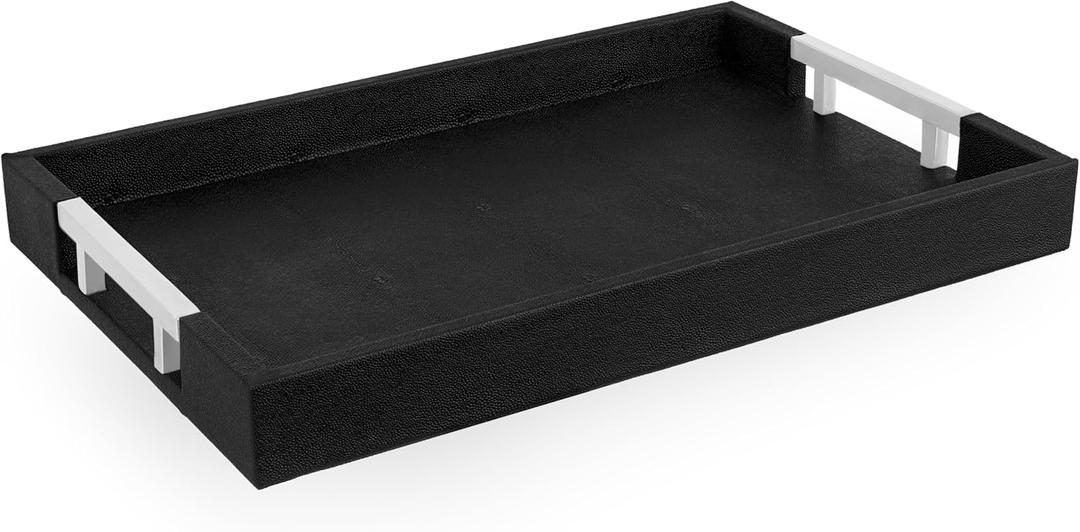 Modern Elegant 18"x12" Black Rectangle Shagreen Faux Leather Decorative Tray Ottoman Coffee Table Perfume Living Room Kitchen Serving Tray with Silver Metal Handles for All Occasion's