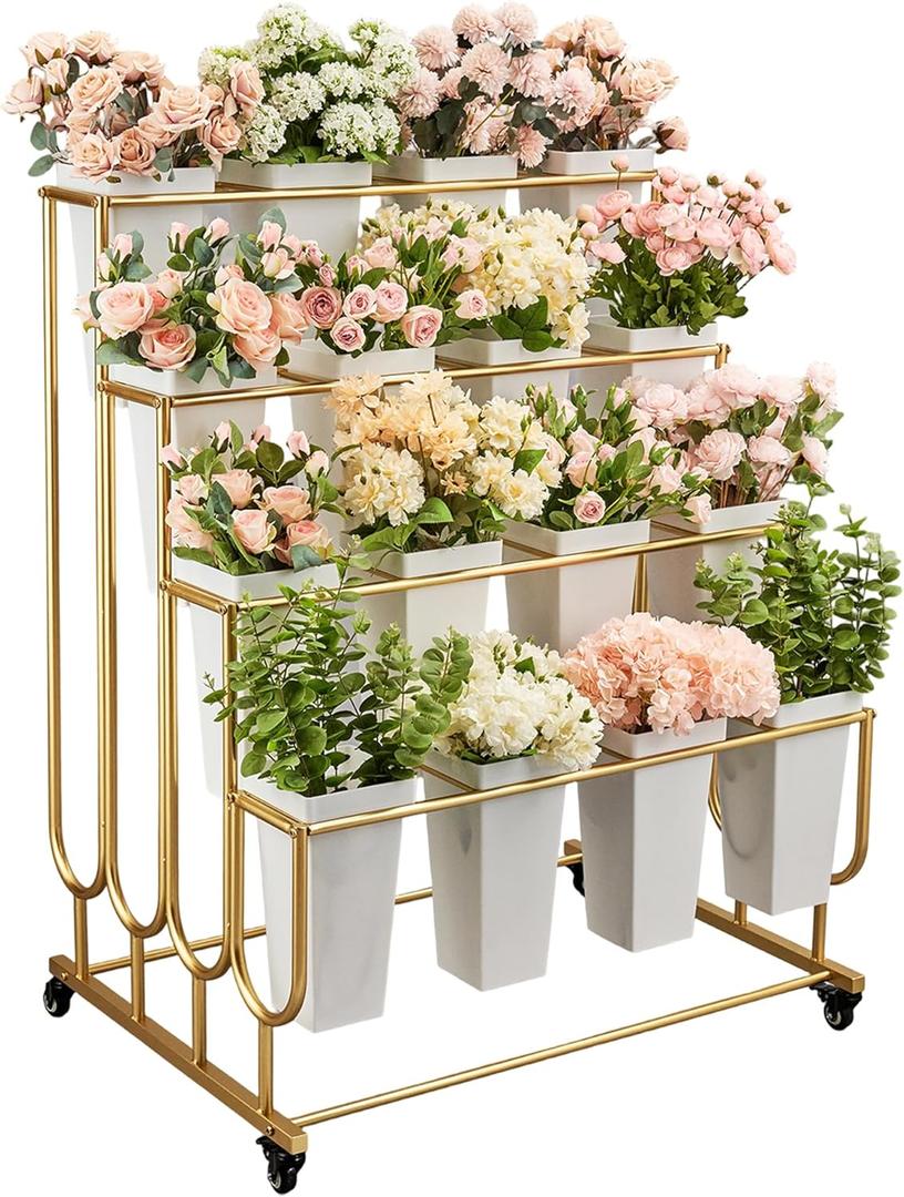 Flower Display Stand Frame, 4-Tier Flower Cart with Wheels, Metal Floral Display Rack , Moving Florist Bouquet Shelf for Shop ,Flower Bar, Events (Gold - 4 Tier) ,Without Flower Buckets