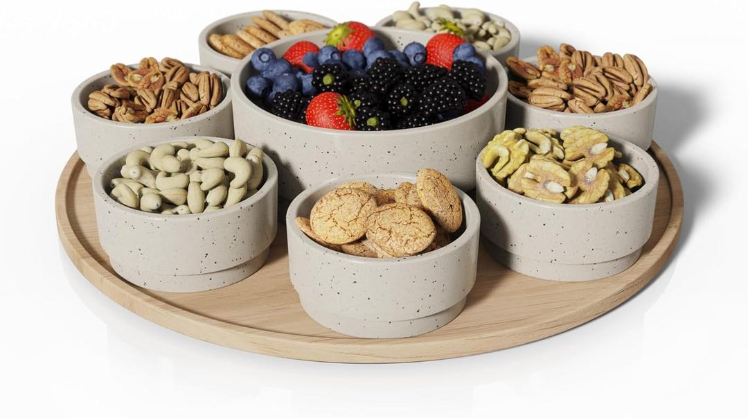 Dip Serving Tray - Snack Platter Round - Ceramic Serving Tray - Chip & Dip Sets with 7 Stackable 3oz Bowls and 1x14 oz Bowl - Dishwasher, Microwave and Oven Safe (Warm Grey) (Brown - Round)