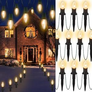 Outdoor Warm Christmas Pathway Lights, 24.2ft 20 Lights with Stakes, Outside Walkway Marker, C9 Christmas Decor, Driveway Decorations, Waterproof, Hanging or Plugging