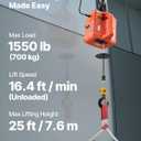 VEVOR 3-in-1 Electric Hoist Winch, 1550 lbs Capacity, 1500W Portable Power Winch Crane, 25 ft Lifting Height, 16.4 ft/min with Manual, Wired and Wireless Remote Control for Factory, Warehouss, Garage