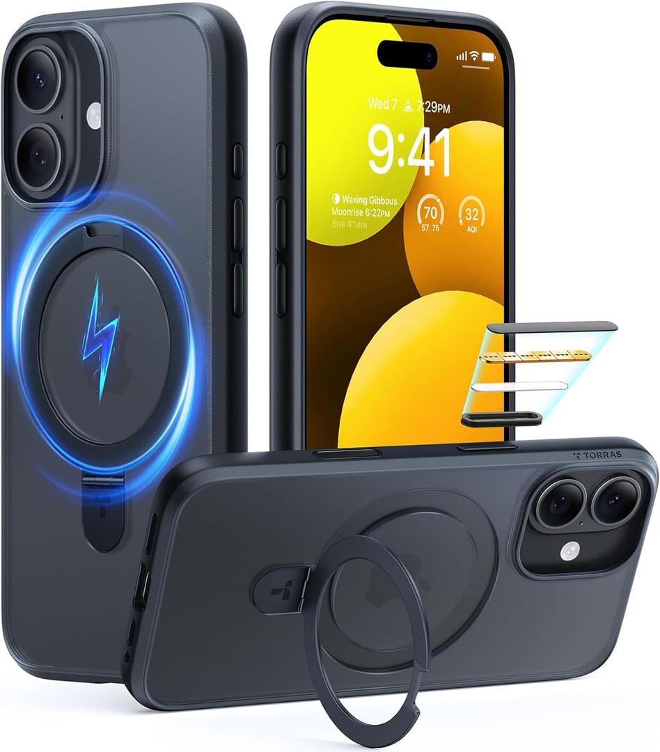 TORRAS Ostand Magnetic for iPhone 17 Case, Fit for MagSafe, 3X Military Drop Protection, Camera Control, Slim Phone Case for iPhone 17 with Kickstand, Soft Edge, Translucent Matte Cover 6.3", Black