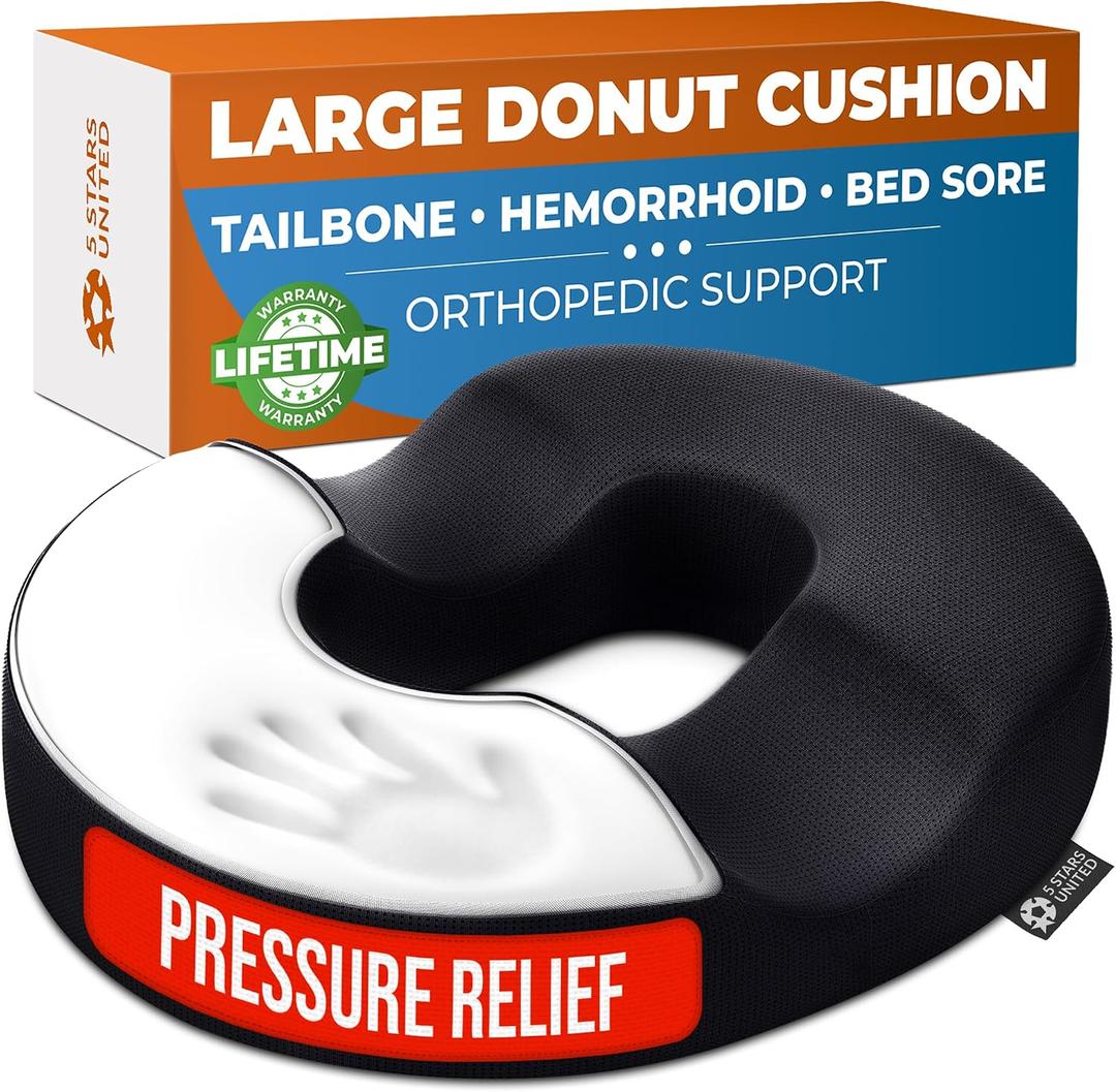 5 STARS UNITED Donut Pillow Hemorrhoid Tailbone Cushion Large Floor Cushion for Pain Relief Coccyx, Prostate, Sciatica, Pelvic Floor, Pressure Sores, Pregnancy, Postpartum Recovery, Black