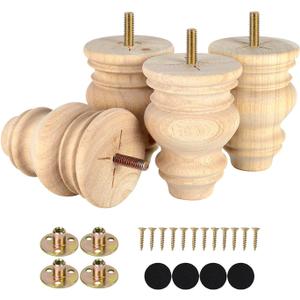 Michanco 4 Inch Unfinished Bun Feet for Couch Sofa Cabinet Ottoman DIY Replacement Wood Furniture Legs Set of 4 M8 Bolt Screw in