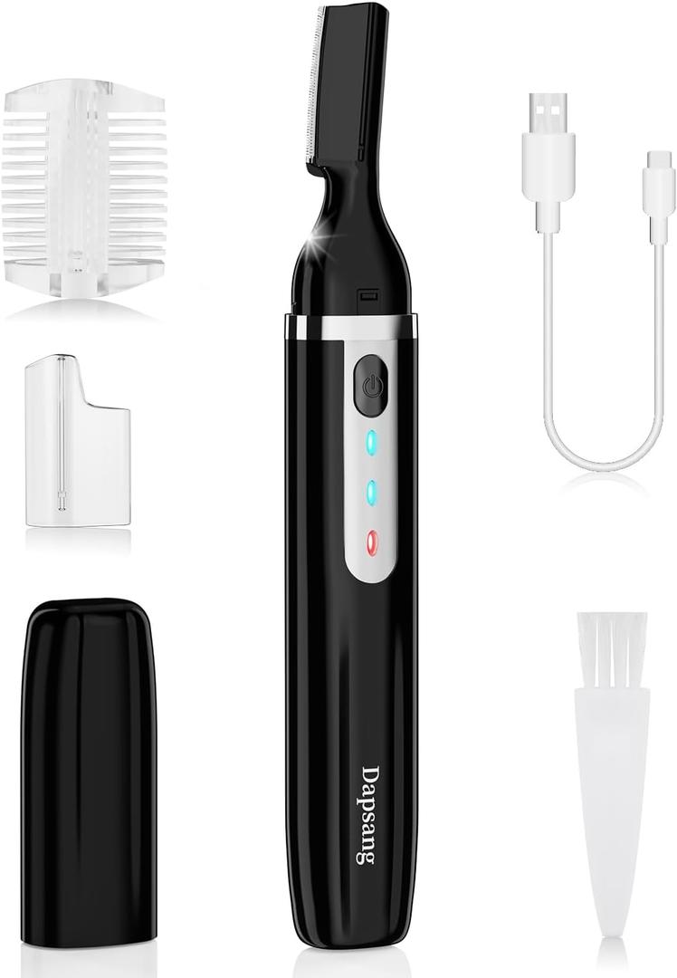 Eyebrow Trimmer, Electric Eyebrow Razor for Women Men, Rechargeable Painless LED Light Facial Hair Shaver Remover with Rinseable Blade for Face Lips Neck Leg (Black)