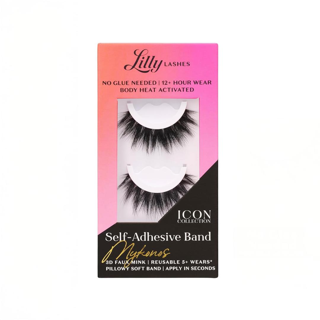 Lilly Lashes Self Adhesive Band 3D Faux Mink Eyelashes, No Lash Glue Needed, Body Heat Activated Press on Lashes, Reusable Self Adhesive Eyelashes Up to 5x, Easy to Apply & Remove (Mykonos)