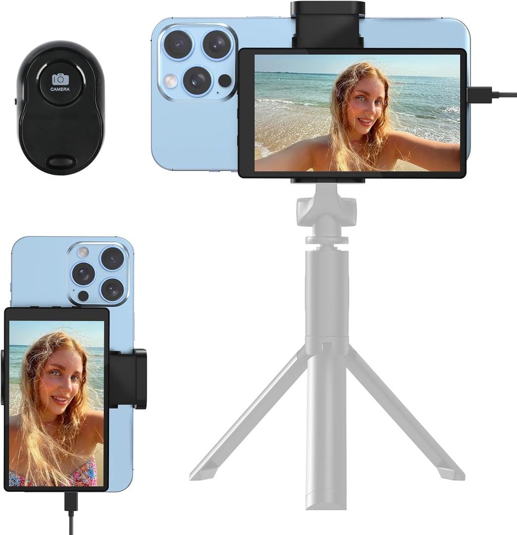 APEKX 5" Selfie Monitor Screen for iPhone Vlog, Magnetic Phone Clip Mount for Rear Camera Live Streaming, Includes Bluetooth Remote, Compatible with TikTok, Instagram, YouTube Low Latency (Black)