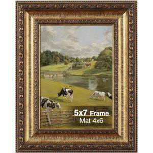 Splinterix 5x7 Gold Picture Frame, Ornate Vintage Picture Frames for Wall or Tabletop Display, 5x7 Photo Frame Gold with Real Glass, Display Poster 4x6 with Mat or 5x7 without Mat for Antique Dco