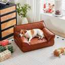 Leather Dog Couch Bed for Small and Medium Dogs Under 50 lbs, Brown Mid Century Modern Elevated Cat Sofa Bed Luxurious Indoor Furniture Style Pet Supplies for Puppy