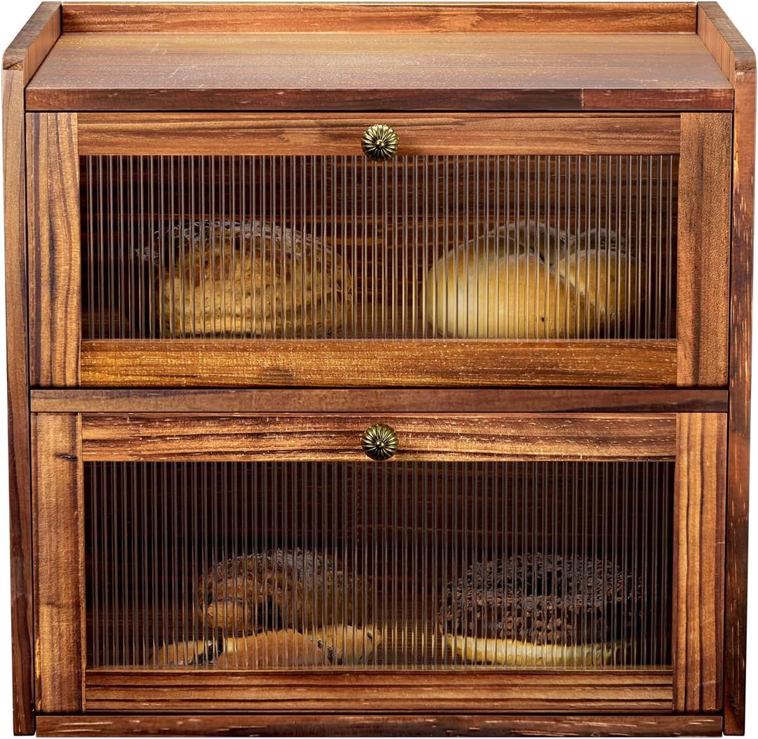 Bread Box for Kitchen Countertop Wooden Bread Storage Container Bin 2 Layer Corner Breadbox Large Capacity, Vintage Farmhouse Food Organizer Pantry Shelf with Window Brown Pine Wood