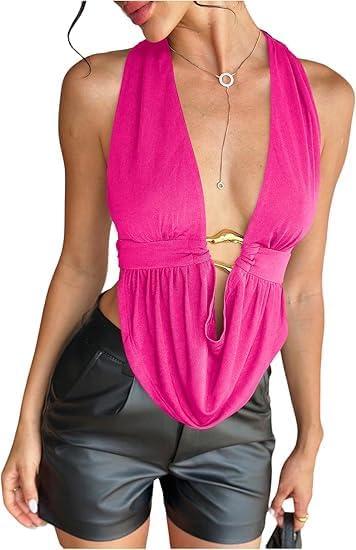 QJQ Women's Sexy Backless Open Back Tops Halter Deep V Neck Sleeveless Vest Tank Tops Going Out Party Clubwear (Pink, XS)