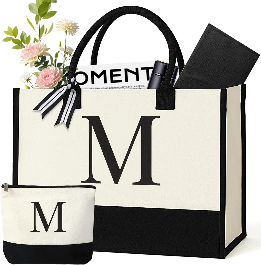 Personalized Canvas Tote Bag for Women Makeup Pouch Initial Beach Bag Removable Bottom Board for Travel Birthday