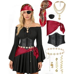 Pirate Costume Women with Off Shoulder Dress Gold Sequin Belt Accessories Halloween Set Costume, XXL
