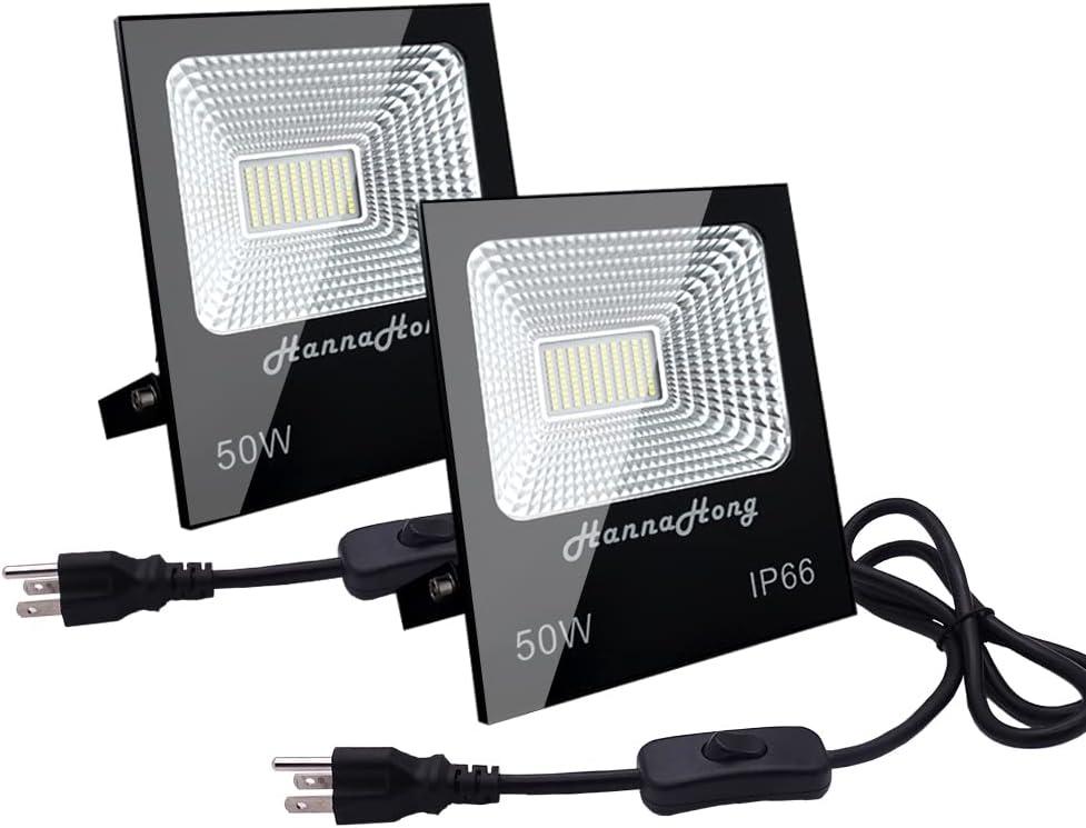 50W 120V LED Flood Light Plug in, Super Bright Security/Work/Plant Grow Light, IP66 Waterproof Outdoor, Daylight White Reflector Spotlight, Porch, Garage, Patio, Yard, Garden 2 Pack