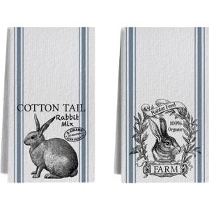 Vintage Easter Bunny Floral Decorative Kitchen Towels and Dish Towels Set of 2, Farmhouse Rabbit Hand Towels Tea Towel for Easter Bathroom Kitchen Decor 18x26 Inches