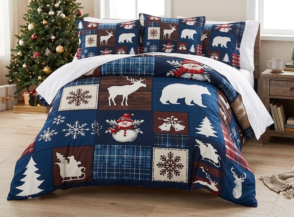 NIDITW 3-Piece Christmas Patchwork Quilt Set Queen Snowflake Deer Pine Tree Snowman Plaid Navy Blue Bedspread with 2 Pillow Shams Soft Lightweight Microfiber Bedding Set Coverlet (Navy Blue, Queen)