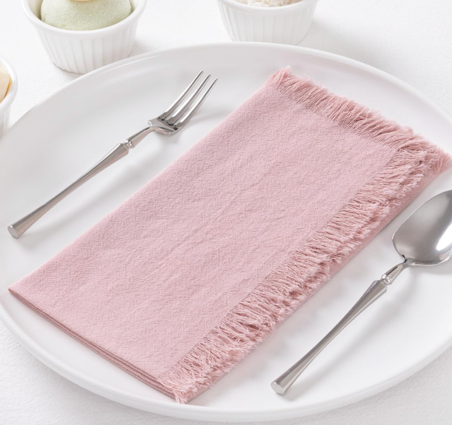 12 Pack Pink Cotton Linen Napkins with Fringe Summer Cloth Napkins Set of 12 Boho Handmade Dinner Napkins Bulk for Wedding Bridal Baby Shower Parties, 17 x 17 Inches