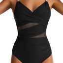 EVOCRCO Women Mesh One Piece Swimsuit Tummy Control Sexy Bathing Suits V Neck Push Up Swimsuits Slimming Swimwear, XL