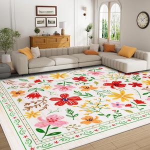 FRAMICS Floral Area Rug 5x7 Living Room Rug Non Slip Farmhouse Area Rug Washable Bedroom Rug Spring Summer Rug Soft Faux Wool Low Pile White Rug Flowers Floor Carpet for Dining Room(Beige)