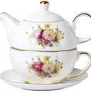 European Porcelain Tea for One, Vintage Floral Teapot and Saucer Set, Gold Trim Floral Teapot, Tea Cup with Saucer Set
