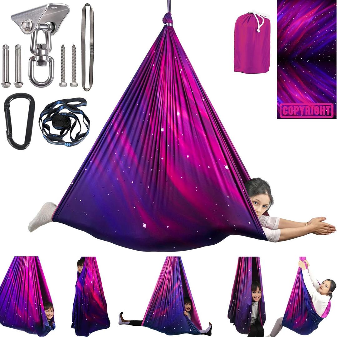 Sensory Swing for Kids Indoor & Outdoor Double Layer Therapy Cuddle Swing with 360 Swivel Hanger Kit Adjustable Swings for Child and Adult with Aspergers Autism (Galaxy Purple)