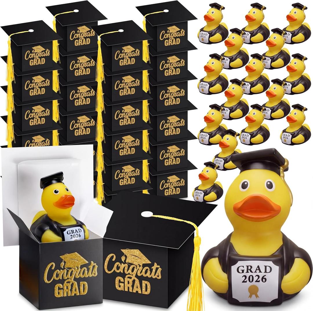 Gersoniel 24 Set Graduation Duck Party Favors 24 Graduation Rubber Duck 24 Grad Cap Box Class of 2026 Candy Box with Tassel Grad Gfits for Elementary Preschool Kindergarten Student Supplies(Black)