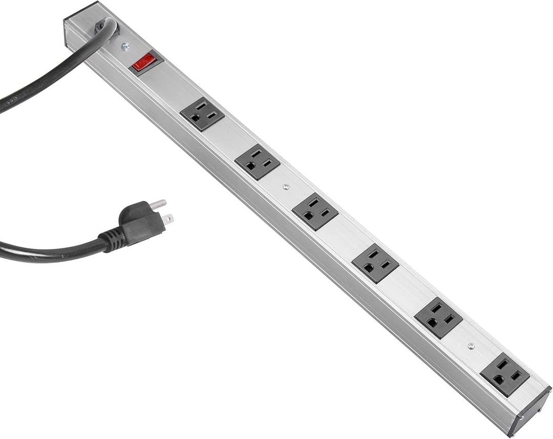 INLAND 6 Outlet Long Aluminum Heavy Duty Power Strip with 3FT 14AWG Cord, 15A/1875W, Wide Spaced Outlets, ETL Listed Electrical Outlet Extender, Outlet Splitter, Ideal for Office, Garage, Workshop (Silver)