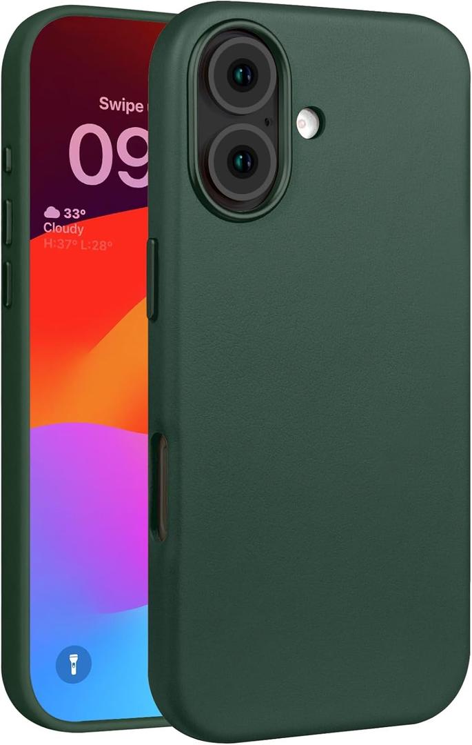 for iPhone 17 Leather Case Compatible with Magsafe, Top Grain Leather, Professional Slim Fit Shockproof, Metal Buttons & Camera Bump Frame Phone Protective Magnetic Cover Green