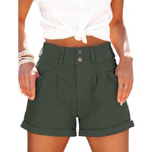 Womens Relaxed Fit Casual High Waist Pocketed Denim Shorts (Small, Olive Green)