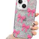 Cute Case for iPhone 13/iPhone 14 Glitter,Bling Clear Pretty Bow Tie Aesthetic Sparkly Cover,Ribbon Bowknot Soft Protective Phone for Women Girls (Pink, for iPhone 16)