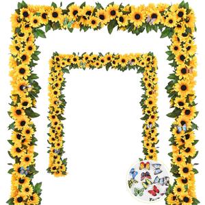 BLEUM CADE 2 Pack Artificial Sunflower Garland Decor, Sunflower Vines Hanging Flowers Garland with Green Leaves, Fake Yellow Floral Vines Room Wedding Party Decoration