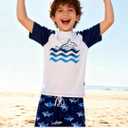 Boys Two Piece Rash Guard Swimsuits Sets Bathing Suits with Trunks 4-12 Years (A2 Navy Blue)