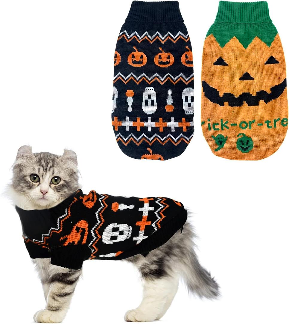 Vehomy 2Pcs Pet Halloween Sweaters Dog Halloween Pumpkin Sweater Kitten Cat Holiday Theme Turtleneck Knitwear Shirt with Pumpkin Skull Patterns Dog Puppy Halloween Costume Clothes for Small Dogs XS