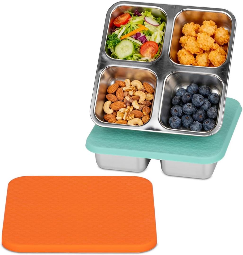 SUMERX 2 Pack Snack Box Containers Set, Stainless Steel 4 Compartment Lunchable Container, Reusable Food Storage Containers with Lids for Travel, Outdoor, Camping, Work(Orange/Blue)