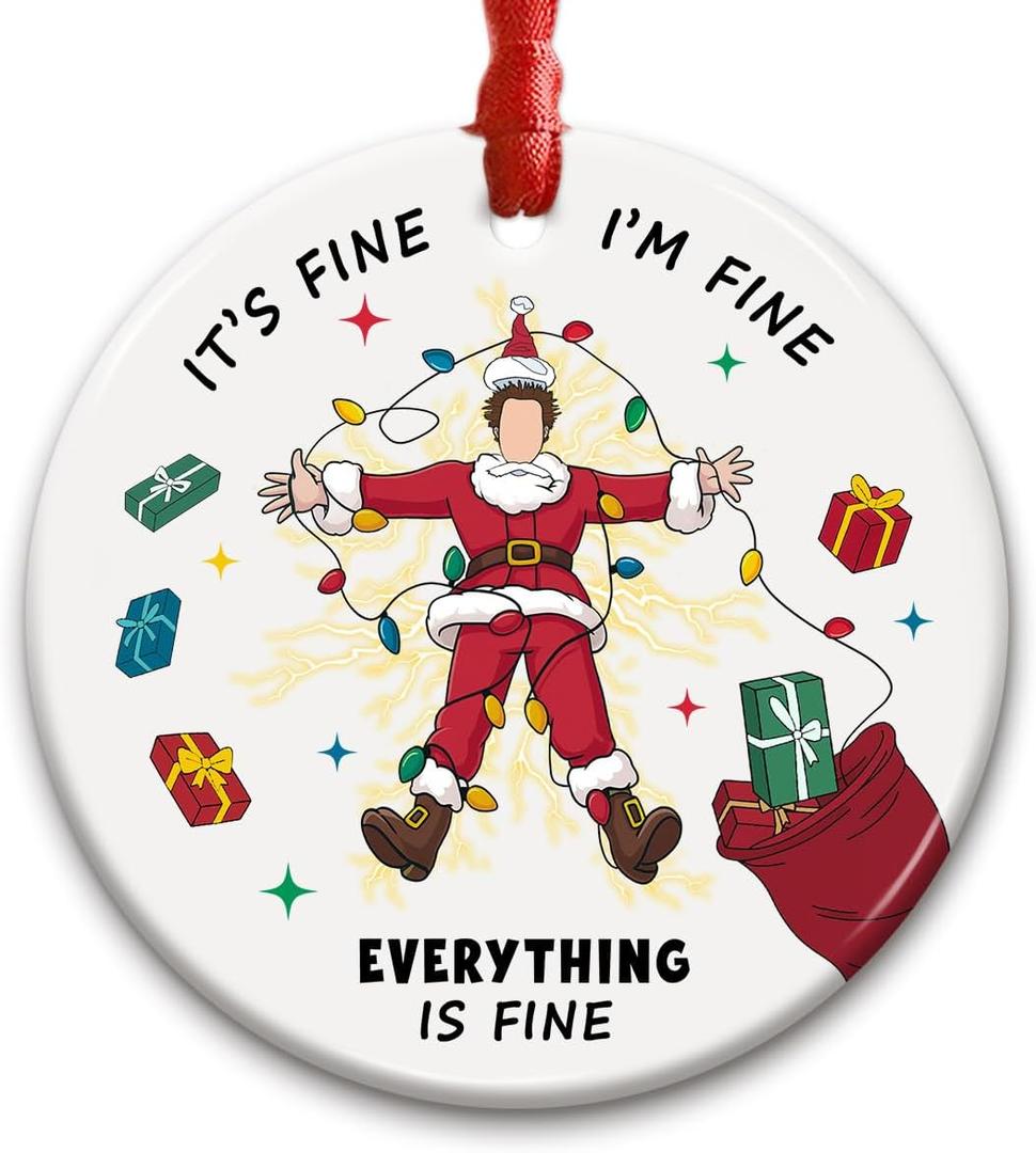 5 x Funny Christmas Ornament 2025 - Its Fine Im Fine Everything is Fine Holiday Tree Decoration, Hilarious Stress Relief Gag Gift, Funny Xmas Movie-Inspired Ornament, Unique Holiday Humor Decor