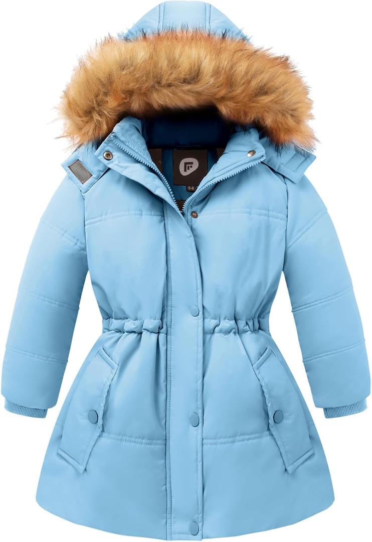 Girls Winter Coat Warm Puffer Jacket Long Fleece Lined Coat With Removable Hood, Size 9/10
