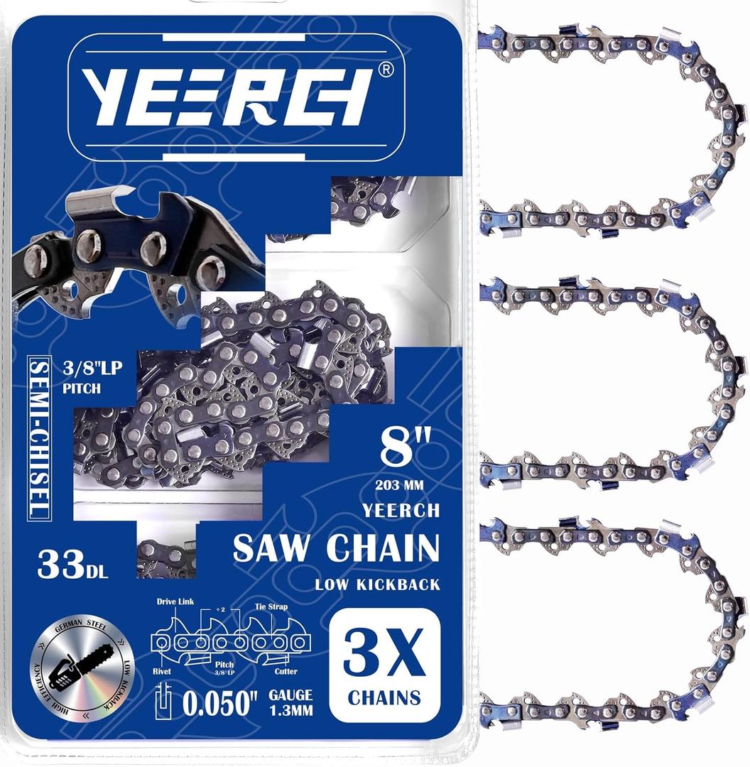8 Inch Chainsaw Chain - 3/8" LP Pitch, .050" Gauge, 33 Drive Links, Semi-Chisel - Fits Portland, Greenworks, Kobalt, Remington, Sun Joe & More (3 Pack)