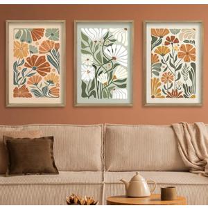 Wildflower Floral Green Botanical Wall Art Print 16"x11" Set of 3 flower Illustrations Minimalist Modern Boho Sign Wood Framed for Living Room Bedroom Office Abstract Wall Hang Decor (Wood)