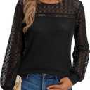siliteelon Black Blouses for Women Dressy Casual Lace Long Sleeve Shirts Waffle Knit Tops Spring 2026 Trendy Night Out Top XX-Large